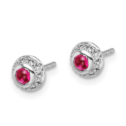 Solid 14k White Gold Simulated CZ and Cabochon Ruby Earrings