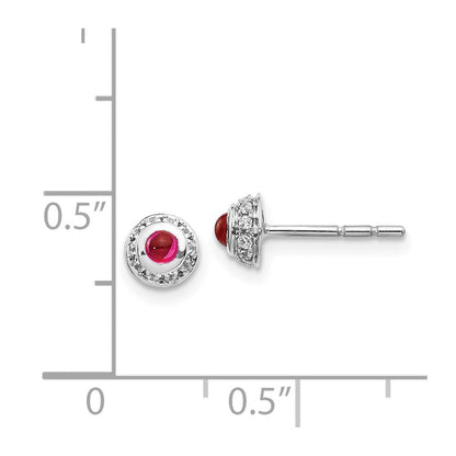 Solid 14k White Gold Simulated CZ and Cabochon Ruby Earrings