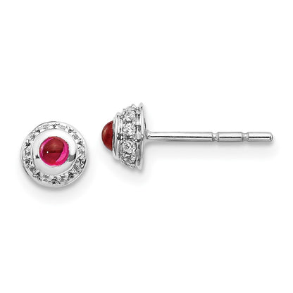 Solid 14k White Gold Simulated CZ and Cabochon Ruby Earrings