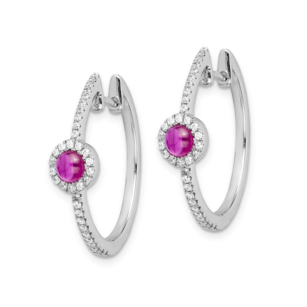 Solid 14k White Gold Simulated CZ & Cabochon Emerald Hoop Earrings