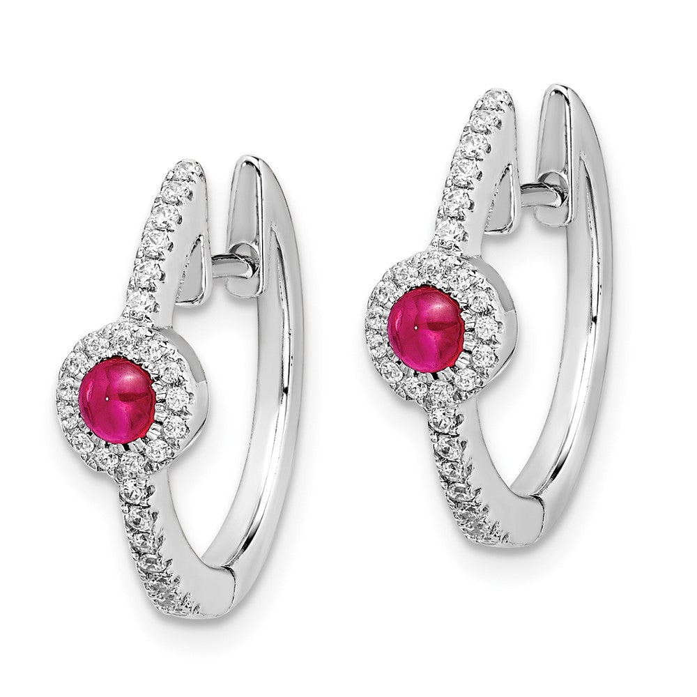 Solid 14k White Gold Simulated CZ and Cabochon Ruby Earrings