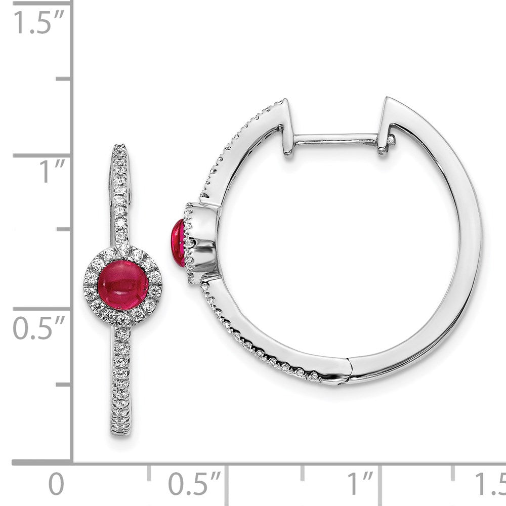 Solid 14k White Gold Simulated CZ and Cabochon Ruby Hoop Earrings