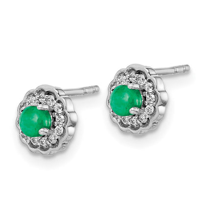 Solid 14k White Gold Simulated CZ and Cabochon Emerald Earrings