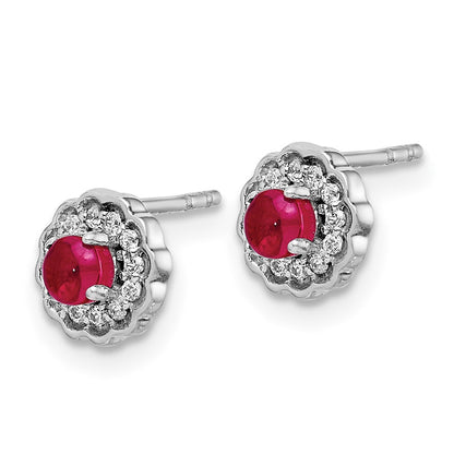 Solid 14k White Gold Simulated CZ and Cabochon Ruby Earrings