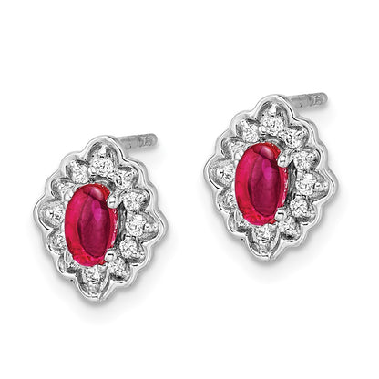 Solid 14k White Gold Simulated CZ and Cabochon Ruby Earrings