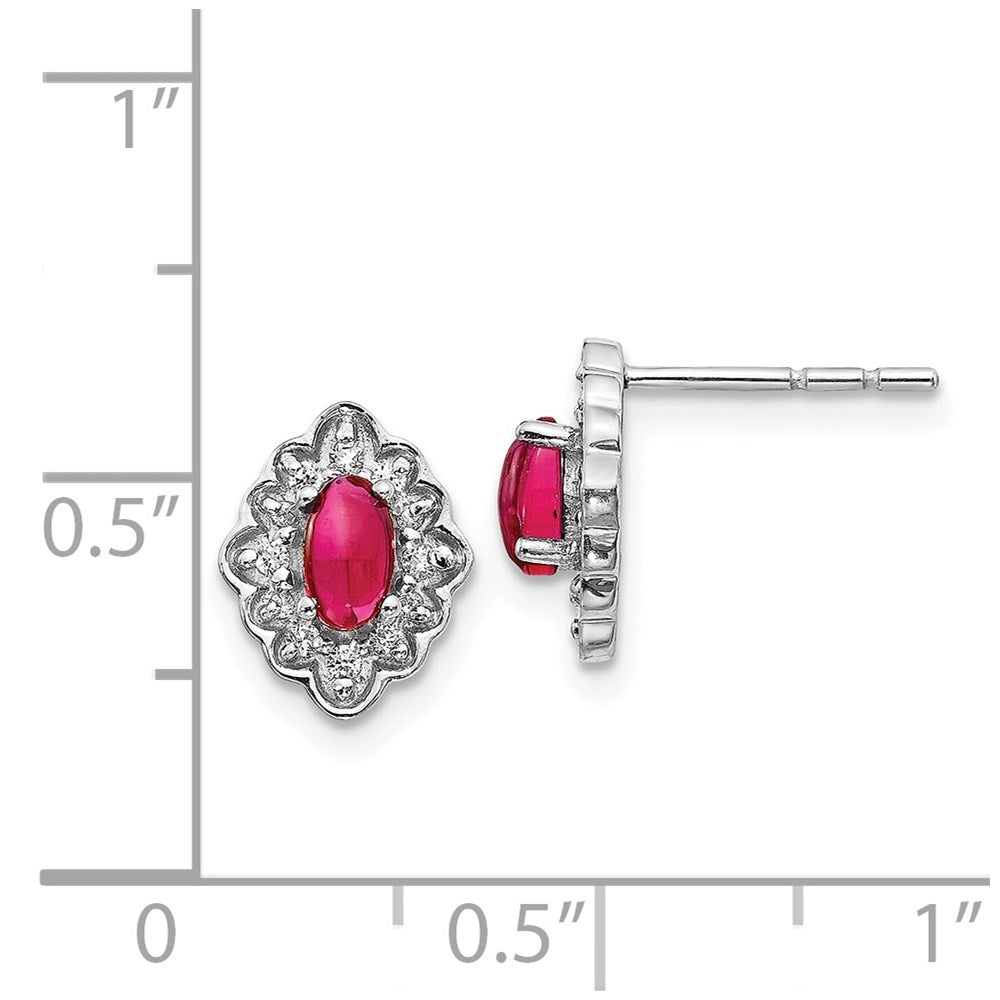 Solid 14k White Gold Simulated CZ and Cabochon Ruby Earrings