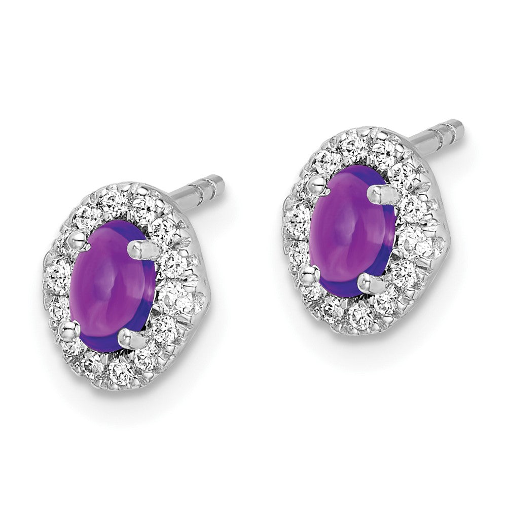 Solid 14k White Gold Simulated CZ and Cabochon Amethyst Earrings