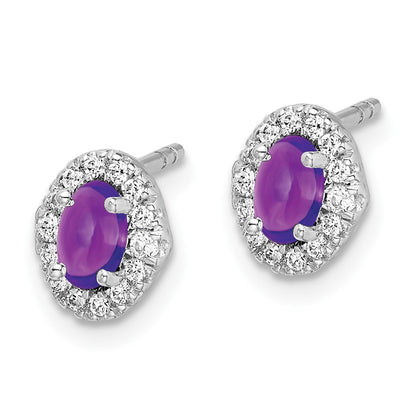 Solid 14k White Gold Simulated CZ and Cabochon Amethyst Earrings