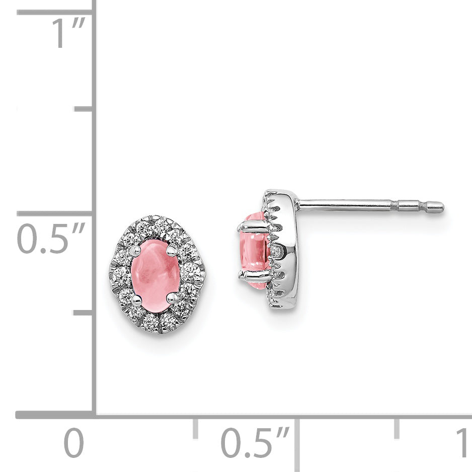 Solid 14k White Gold Simulated CZ and Cabochon Pink Tourmaline Earrings