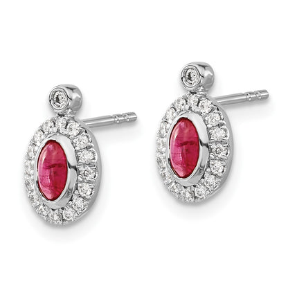 Solid 14k White Gold Simulated CZ and Cabochon Ruby Earrings