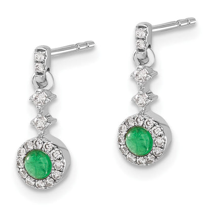 Solid 14k White Gold Simulated CZ and Cabochon Emerald Earrings