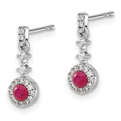 Solid 14k White Gold Simulated CZ and Cabochon Ruby Earrings