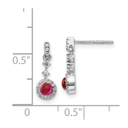 Solid 14k White Gold Simulated CZ and Cabochon Ruby Earrings