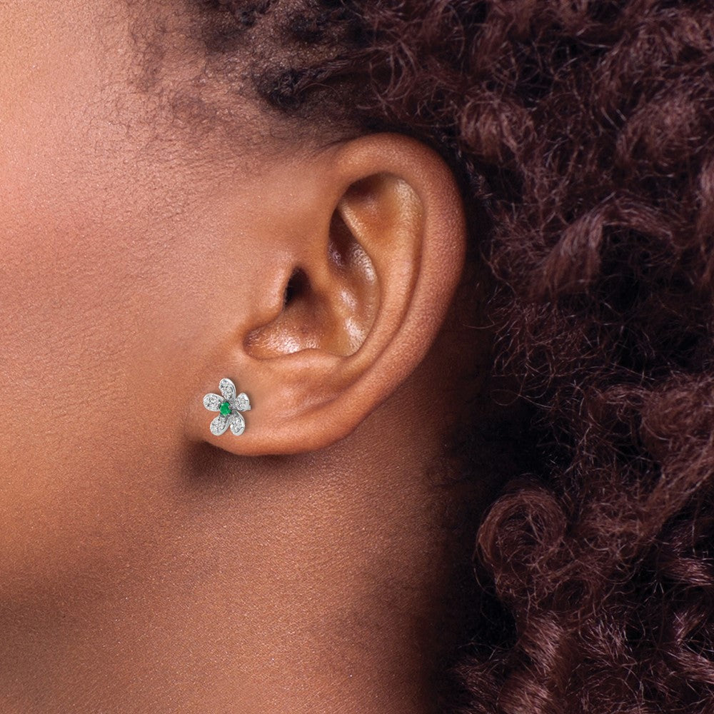 Solid 14k White Gold Simulated CZ and Emerald Earrings