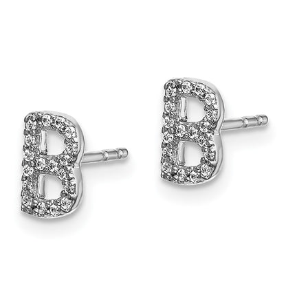 Solid 14k White Gold Simulated CZ Initial B Earrings