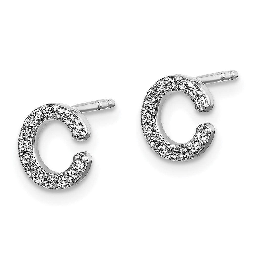 Solid 14k White Gold Simulated CZ Initial C Earrings