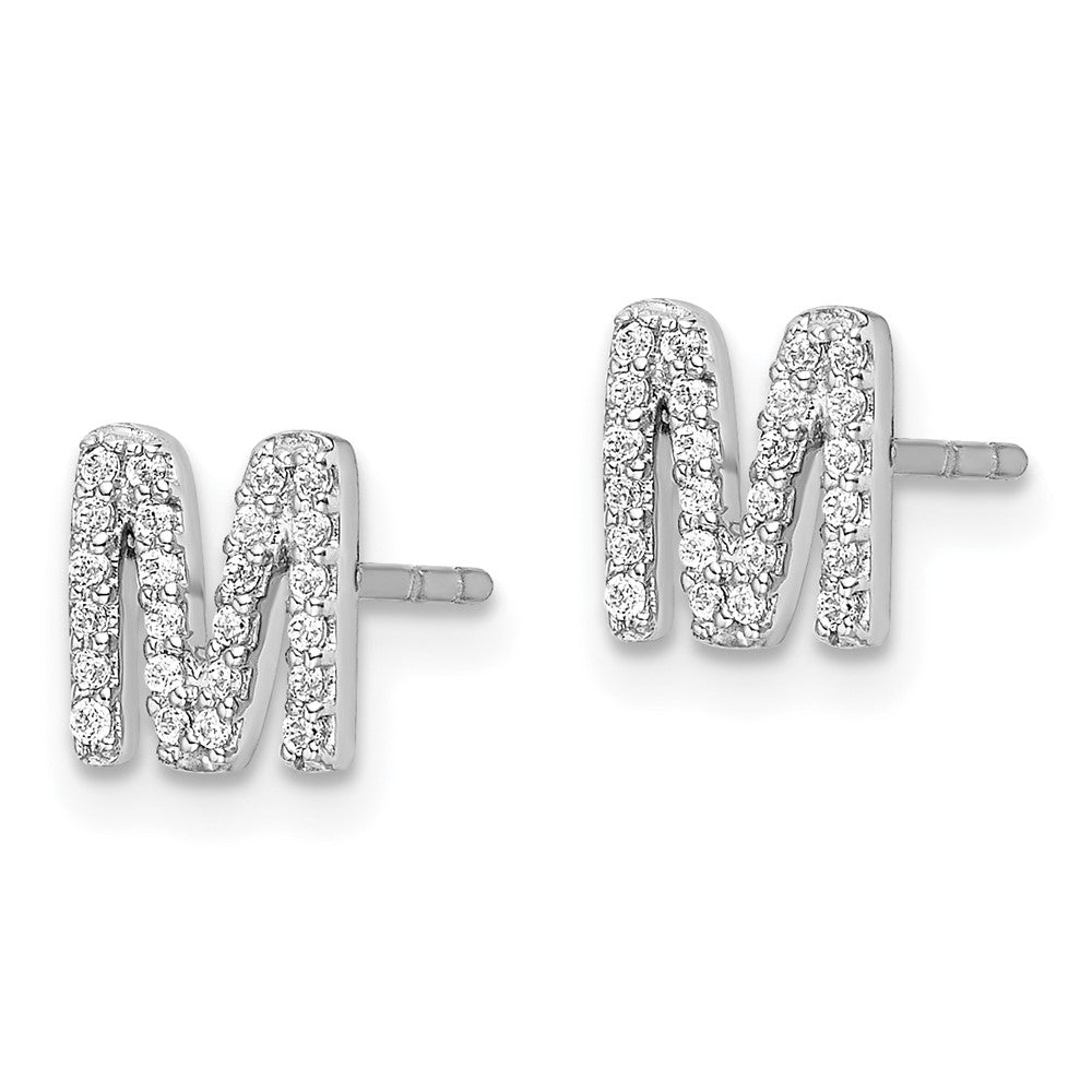 Solid 14k White Gold Simulated CZ Initial M Earrings