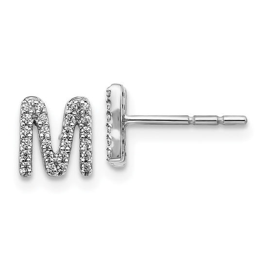 Solid 14k White Gold Simulated CZ Initial M Earrings