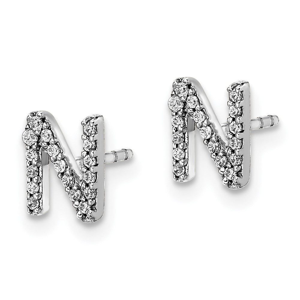 Solid 14k White Gold Simulated CZ Initial N Earrings