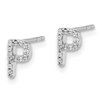 Solid 14k White Gold Simulated CZ Initial P Earrings