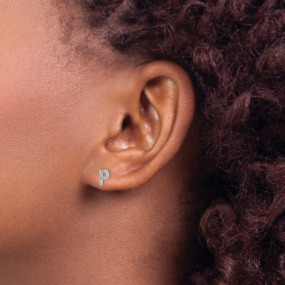 Solid 14k White Gold Simulated CZ Initial P Earrings