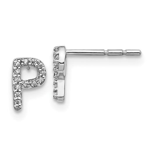 Solid 14k White Gold Simulated CZ Initial P Earrings
