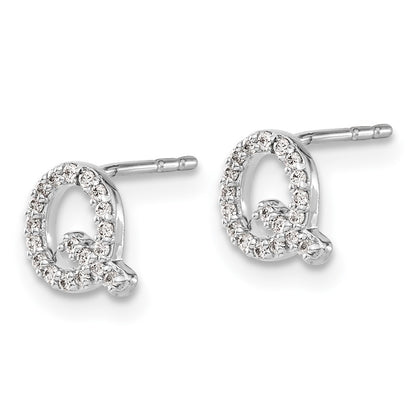 Solid 14k White Gold Simulated CZ Initial Q Earrings