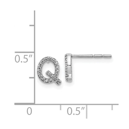 Solid 14k White Gold Simulated CZ Initial Q Earrings