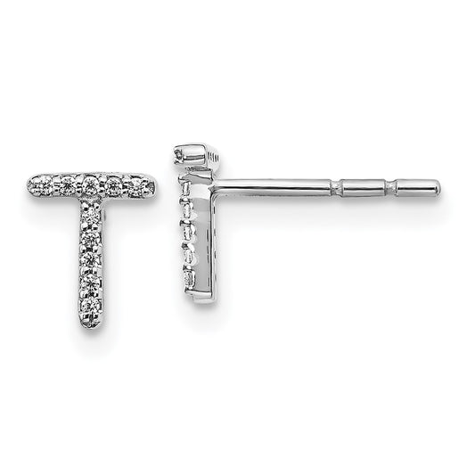Solid 14k White Gold Simulated CZ Initial T Earrings