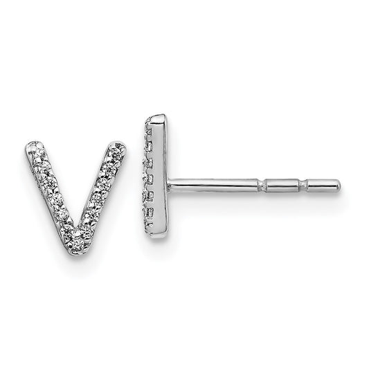 Solid 14k White Gold Simulated CZ Initial V Earrings