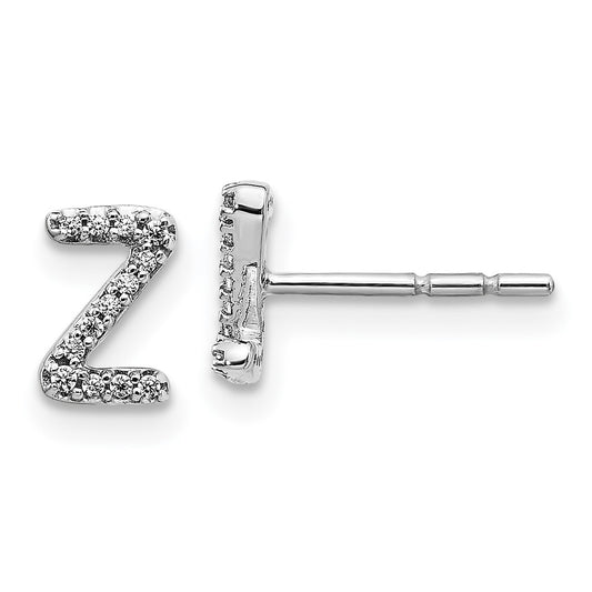 Solid 14k White Gold Simulated CZ Initial Z Earrings