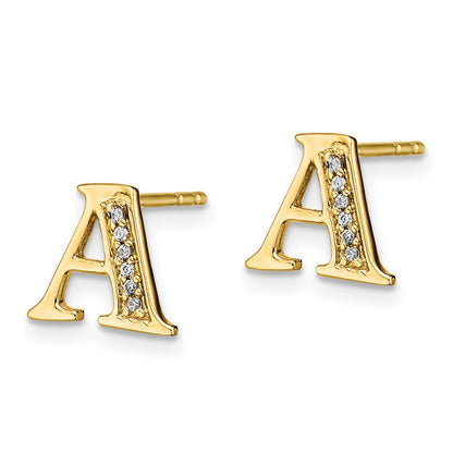Solid 14k Yellow Gold Simulated CZ Initial A Earrings