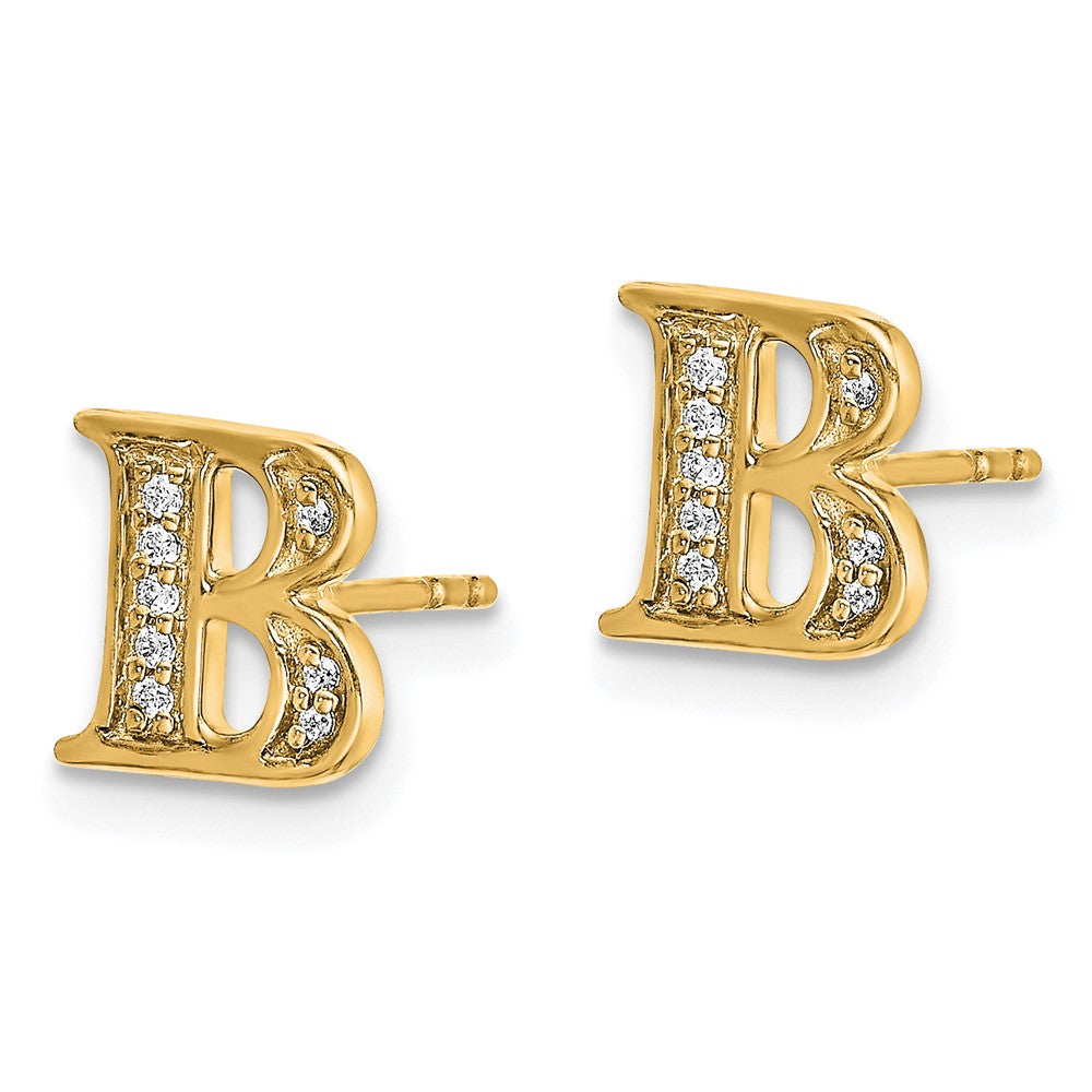 Solid 14k Yellow Gold Simulated CZ Initial B Earrings