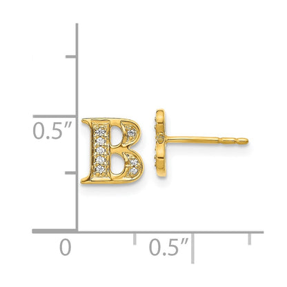 Solid 14k Yellow Gold Simulated CZ Initial B Earrings