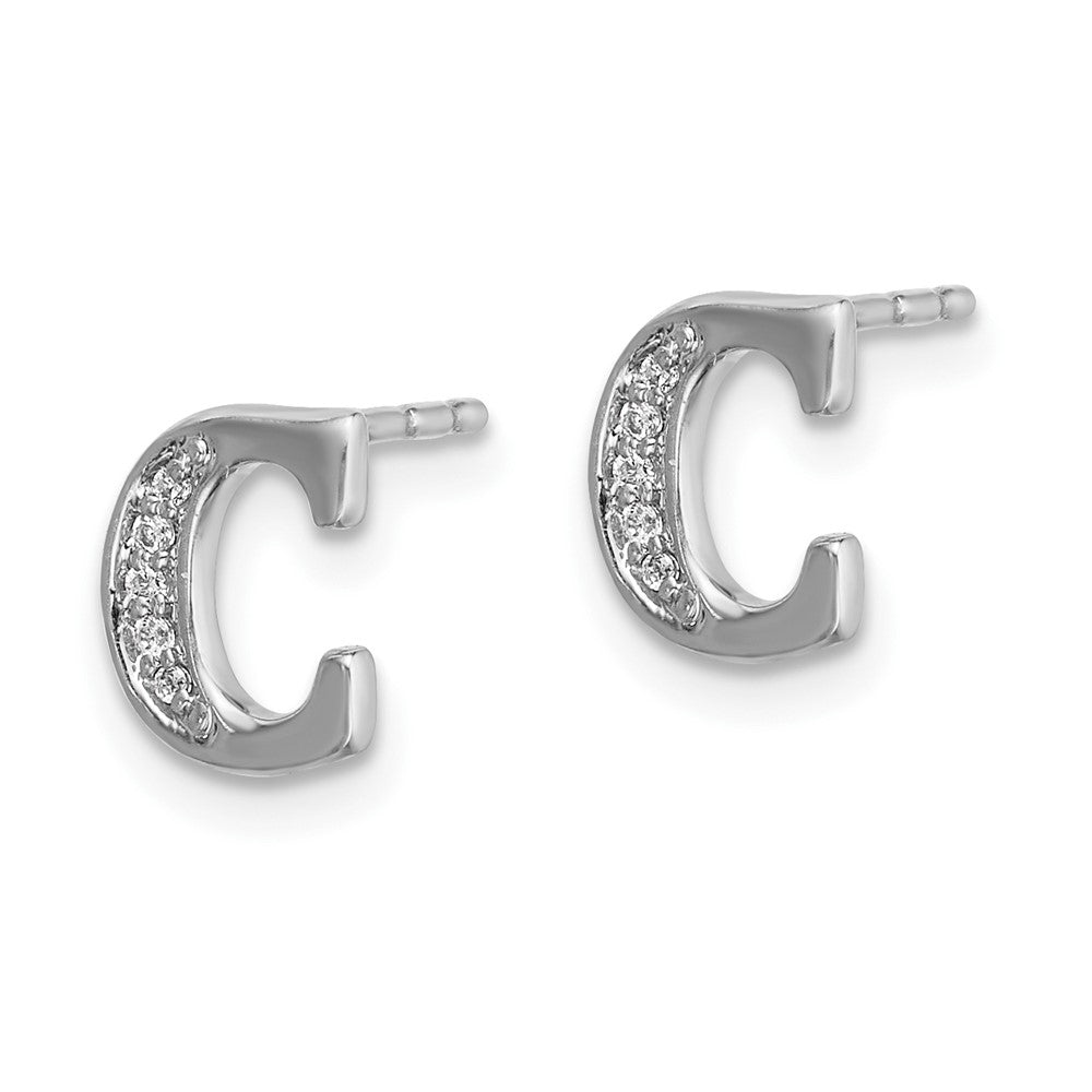 Solid 14k White Gold Simulated CZ Initial C Earrings