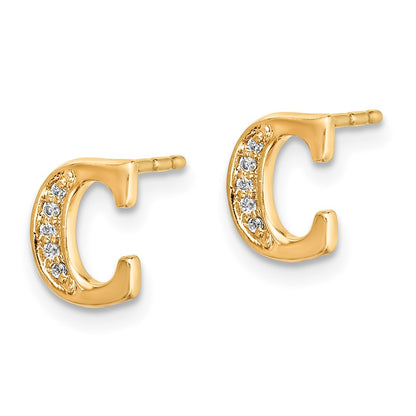 Solid 14k Yellow Gold Simulated CZ Initial C Earrings