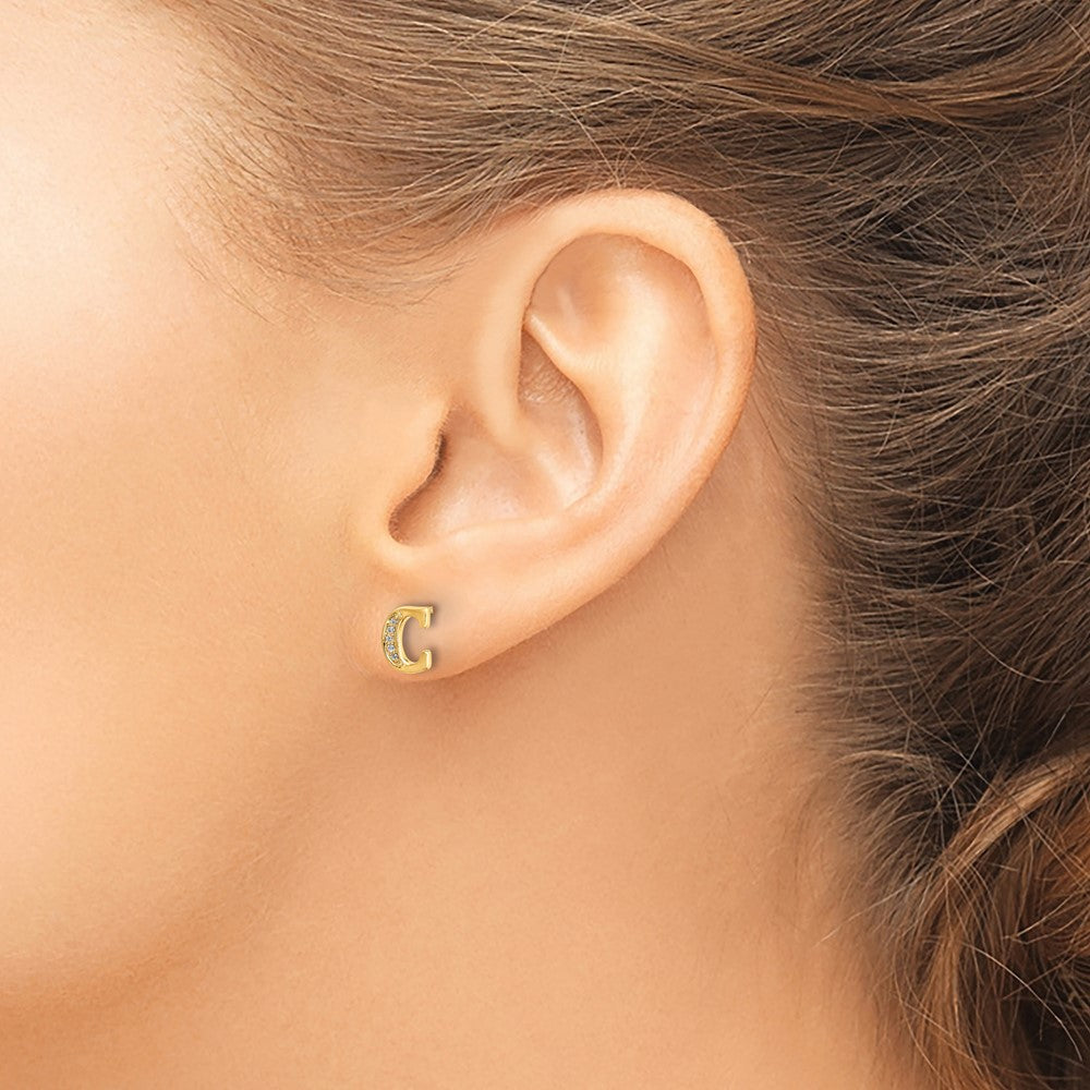 Solid 14k Yellow Gold Simulated CZ Initial C Earrings