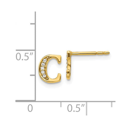 Solid 14k Yellow Gold Simulated CZ Initial C Earrings