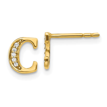 Solid 14k Yellow Gold Simulated CZ Initial C Earrings