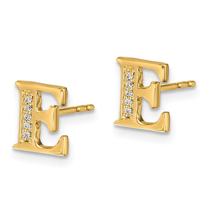Solid 14k Yellow Gold Simulated CZ Initial E Earrings