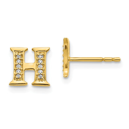 Solid 14k Yellow Gold Simulated CZ Initial H Earrings