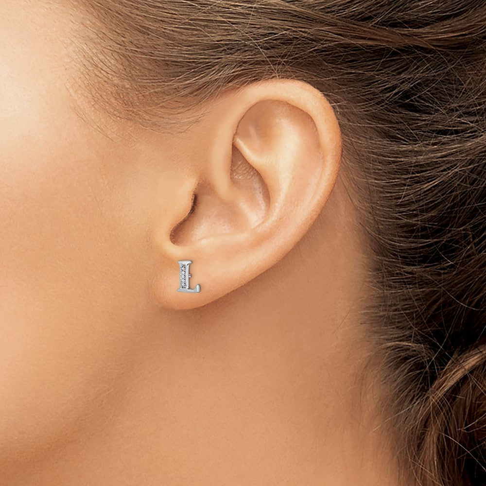 Solid 14k White Gold Simulated CZ Initial L Earrings