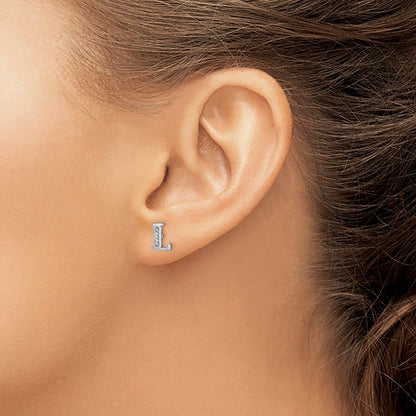 Solid 14k White Gold Simulated CZ Initial L Earrings