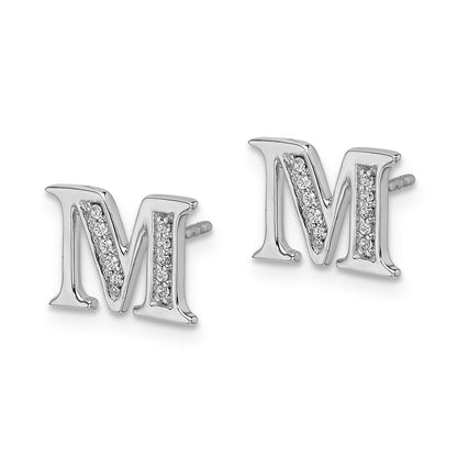 Solid 14k White Gold Simulated CZ Initial M Earrings