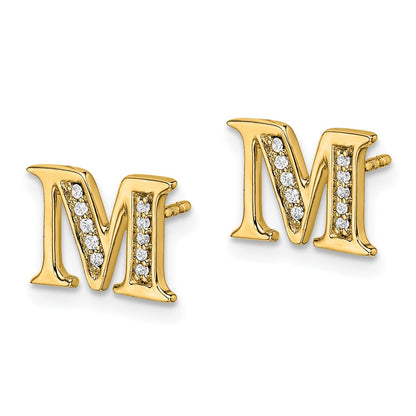 Solid 14k Yellow Gold Simulated CZ Initial M Earrings