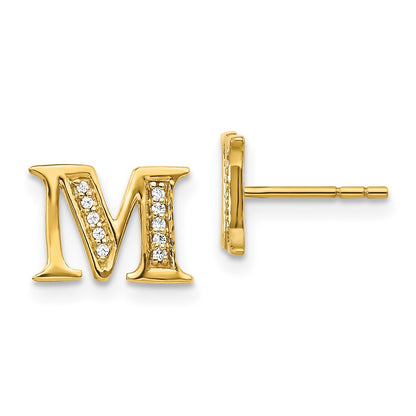 Solid 14k Yellow Gold Simulated CZ Initial M Earrings
