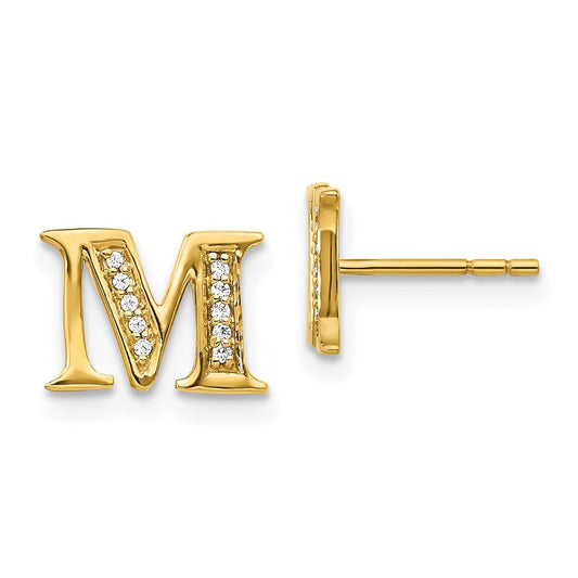 Solid 14k Yellow Gold Simulated CZ Initial M Earrings