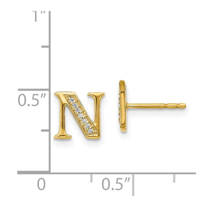 Solid 14k Yellow Gold Simulated CZ Initial N Earrings
