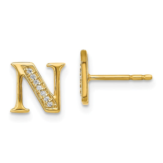Solid 14k Yellow Gold Simulated CZ Initial N Earrings