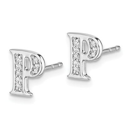 Solid 14k White Gold Simulated CZ Initial P Earrings